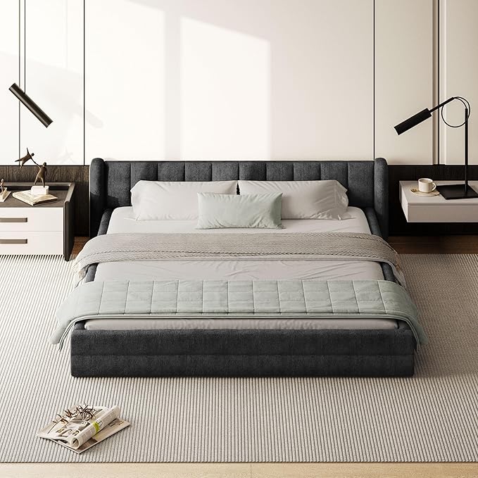 DEINPPA King Size Bed Frame with Cloud Soft Headboard, Chenille Upholstered Grounded Wood Base Bed Frame, No Box Spring Needed-Dark Grey