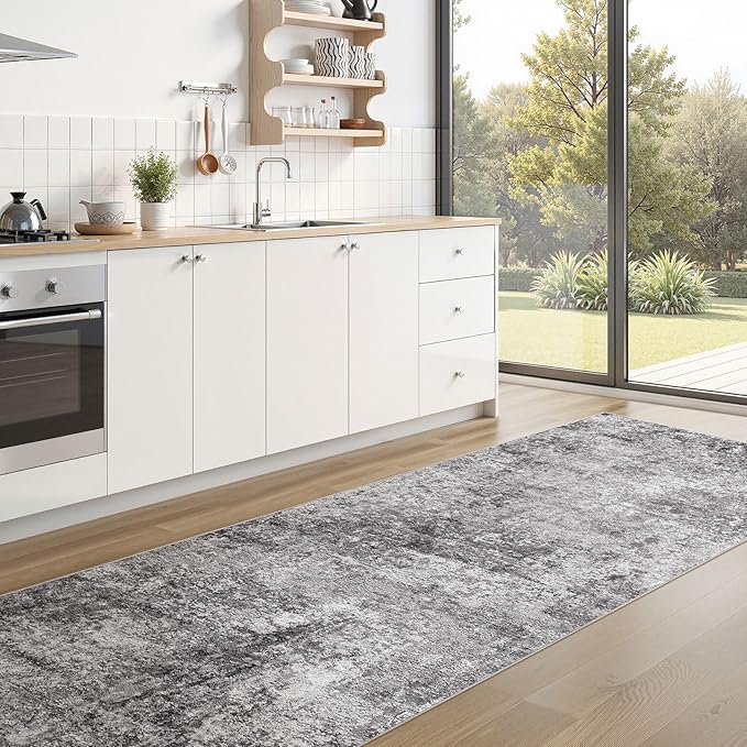 Washable Runner Rug for Hallway: 3x12 Neutral Modern Abstract Low Pile Area Rug with Non-Slip Backing - Carpet for Bedroom Kitchen Laundry Entryway Bathroom Indoor - Grey
