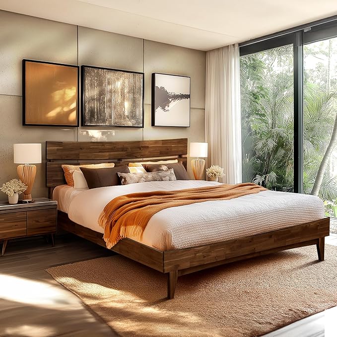 Acacia Aurora Bed Frame with Headboard Solid Wood Foundation, Queen Bed Frame, Contemporary Signature Solid Wood Foundation Compatible with All Mattress Types, Non-Slip and Noise-Free, Chocolate