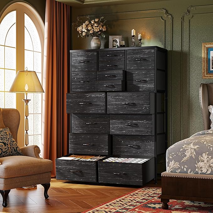 57“H Dresser for Bedroom with Drawers, Fabric Dressers & Chests of Drawers, Large Black Dresser with Sturdy Metal Frame, Wood Top,Entryway, Hallway