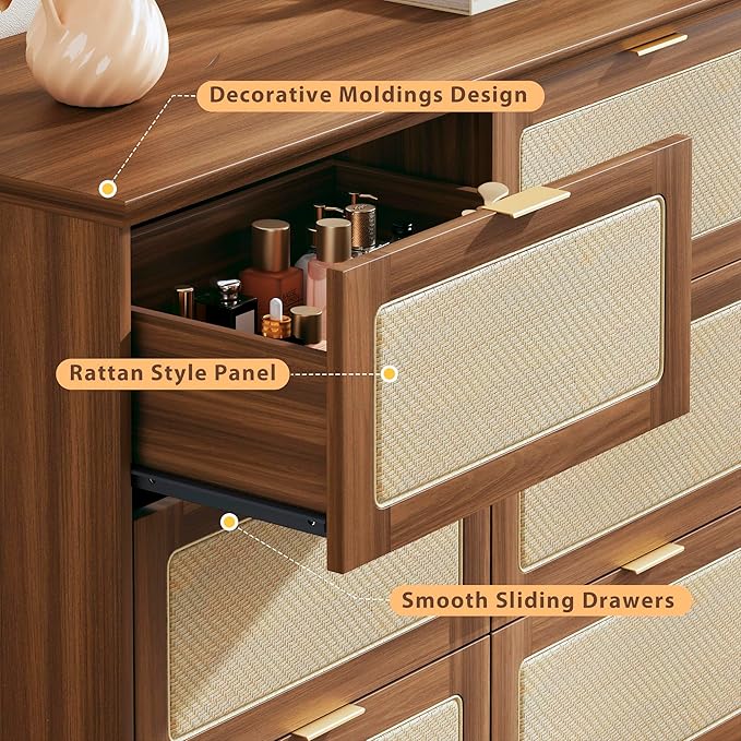 9 Drawer Dresser for Bedroom, 60 Inch Long Dressers & Rattan Chest of Drawers, Boho Style, Large TV Stand for 55, 65, 70 Inch TV, for Bedroom, Living Room, Entryway, Hallway, Walnut