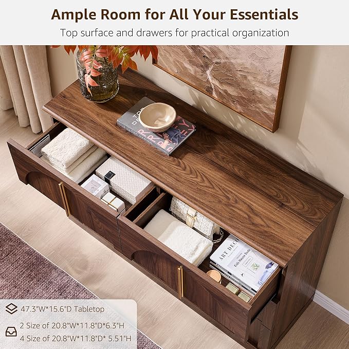ACCOHOHO Arched Dresser for Bedroom with 6 Drawers, 47.3" Wide Modern Chest of Drawers with Rounded Edge & Metal Handles, Wood Storage Closet Dressers TV Stand for Living Room, Hallway, Brown