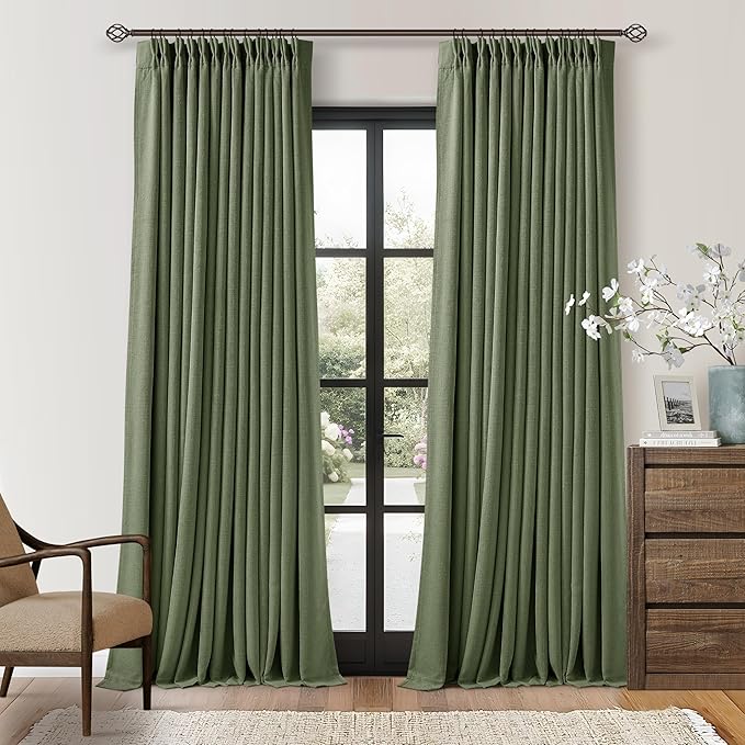 102 Inch Linen Pleated Black Out Curtains 2 Panels Set for Bedroom Living Room Darkening 100% Blackout Memory Trained Farmhouse Rustic Farmhouse Pinch Pleat Window Curtain Olive Green 102 Inch Length