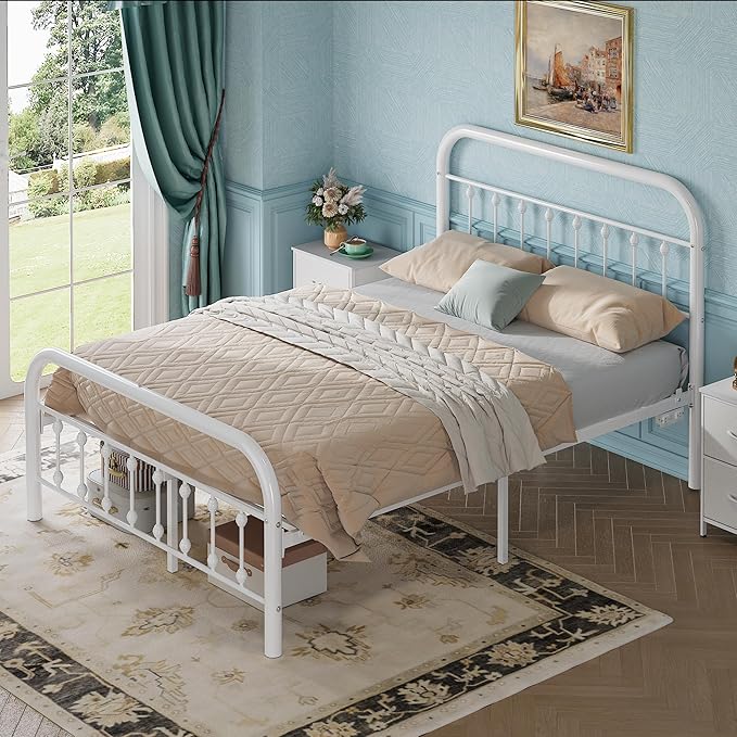 WLIVE Metal Platform Bed Frame, Full Size Bed Frame with Headboard, Bed Frames with LED Lights and Charging Station, 1500LBS Mattress Foundation, Under Bed Storage, No Box Spring Needed, White
