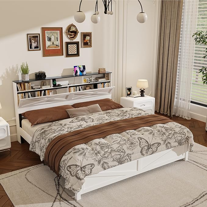 King Size Bed Frame with Wooden Storage Headboard, Farmhouse Platform Bedframe with LED Lights and Charging Station, Easy Assembly, No Box Spring Needed (White, King)
