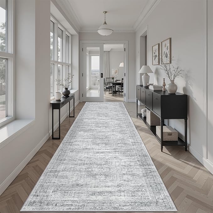 Runner Rug 2'6" x 14' Washable Non-Slip Runner Rugs for Kitchen Bathroom Laundry Room Vintage Ultra Thin Runners for Hallway Entryway Grey