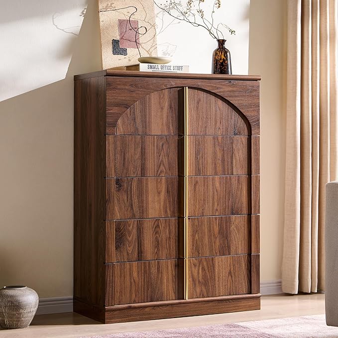 ACCOHOHO Modern 5 Drawers Dresser for Bedroom with Arched Panel,44" Tall Dresser for Closet with Metal Handles,Push-to-Open Wood Storage Closet Dressers Tv Stand for Living Room, Hallway,Brown