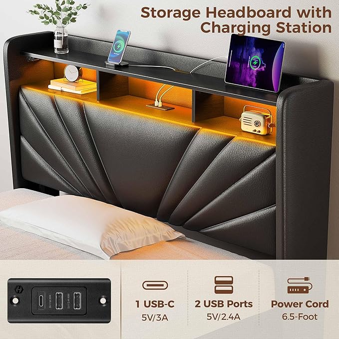 Rolanstar Twin Size Bed Frame, Storage Headboard with Charging Station and LED Lights, Upholstered Bed with Heavy Duty Wood Slats, No Box Spring Needed, Noise Free, Easy Assembly, Black