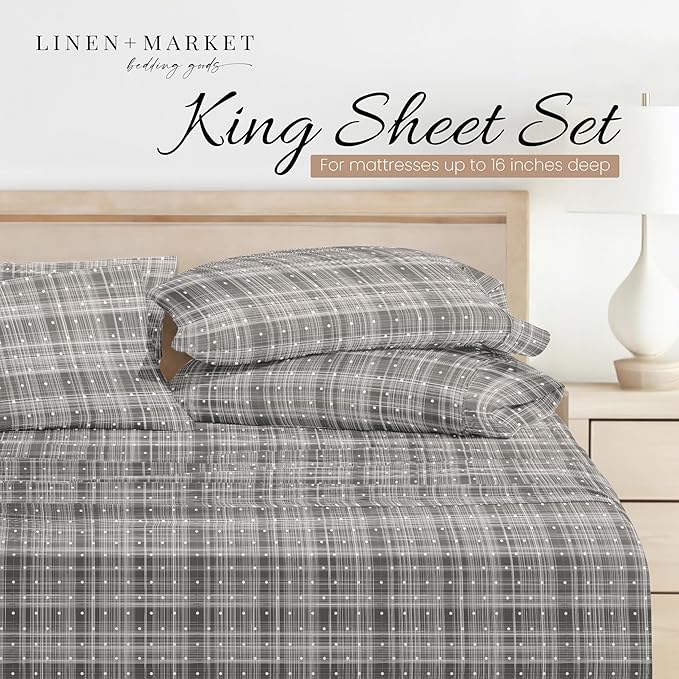 Linen Market 4 Piece King Sheet Set - Breathable, Double-Brushed Patterned Cooling Sheets – Oeko-TEX Certified Ultra Soft & Wrinkle-Free 16" Deep-Pocket King Sheets - Easy Care Polka Dot Gray