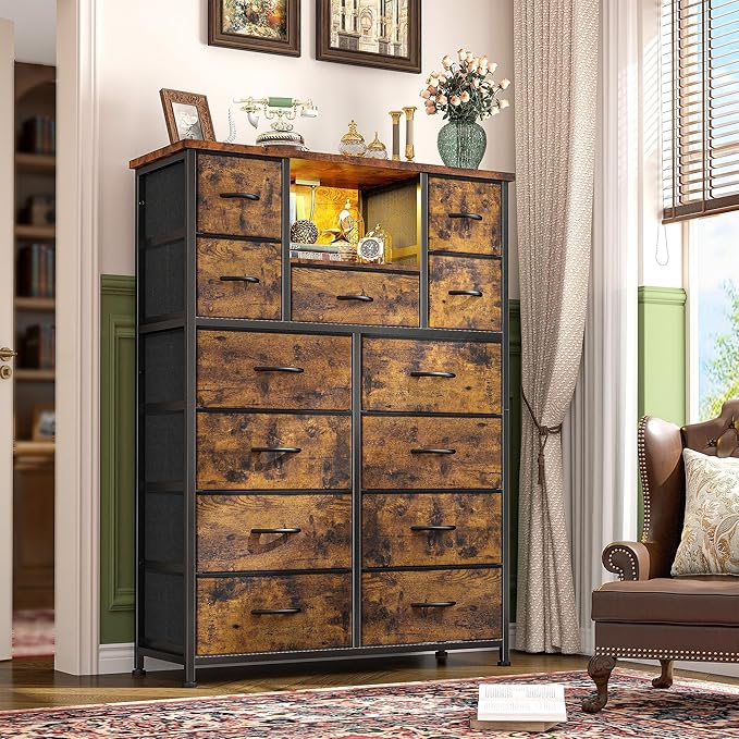 Dresser for Bedroom with 13 Fabric Drawers, Dressers with LED & 4 Charging Ports, 47''H Chest of Drawers with Open Storage Shelves for Hallway, Entryway, Rustic Brown