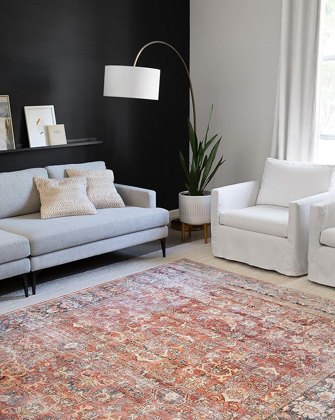 Loloi Layla Collection LAY-02 Spice/Marine 7'-6" x 9'-6" .13" Thick Area Rug, Soft, Durable, Vintage Inspired, Distressed, Low Pile, Non-Shedding, Easy Clean, Printed, Living Room Rug