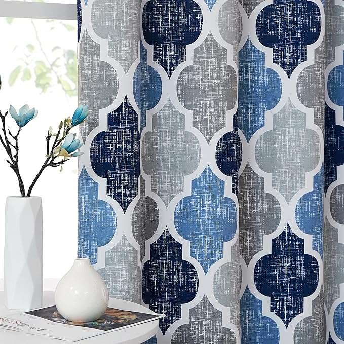 Beauoop 100% Blackout Curtains 63 Inches Long 2 Panels for Bedroom Living Room Blue Grey Moroccan Geo Room Darkening Thermal Insulated Soundproof Rod Pocket Back Tab Window Treatments Drapes, 50x63