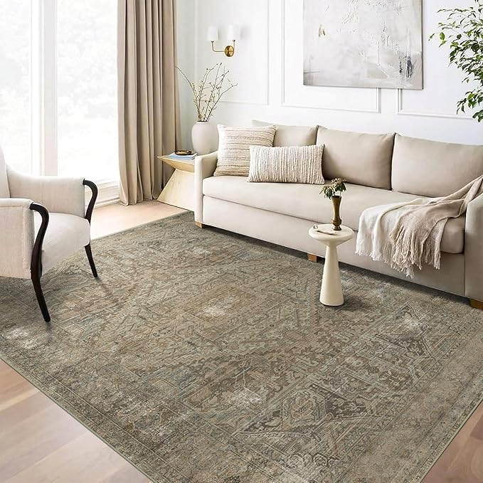vivorug 8x10 Area Rugs for Living Room, Non-Slip Backing Washable Rug 8x10, Large Area Rug Soft Carpet for Bedroom Dining Room, Vintage, Easy Clean, Durable, Low Pile Rug Under Table, Olive