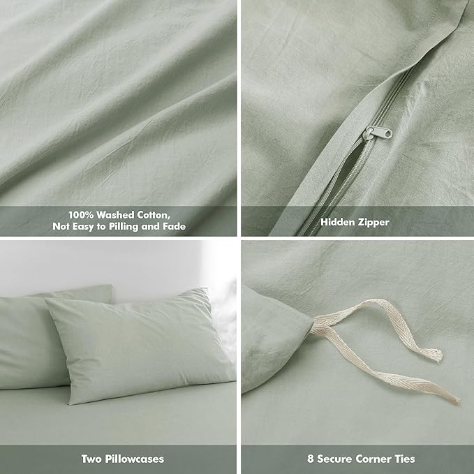 FOSSA Duvet Cover Set 100% Washed Cotton Linen Feel Super Soft Breathable Cozy 3 Pieces Bedding Sets Solid Sage Green Queen