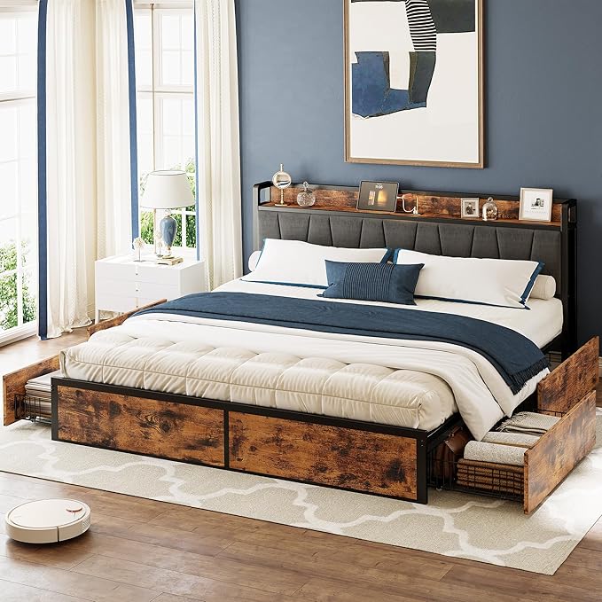 LIKIMIO California King Bed Frame with 4 Storage Drawers, Platform Bed with Charged Headboard, Sturdy and Stable, No Noise, No Box Spring Needed, Easy to Install, Vintage Brown and Gray