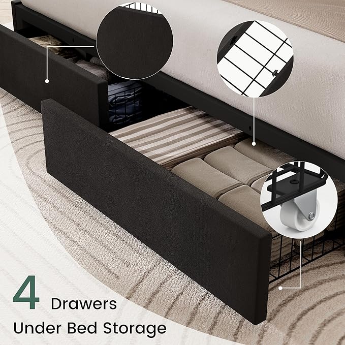 LARMACE Queen Size Bed Frame with 4 Storage Drawers and Wingback Headboard Velvet Upholstered Platform Bed Frame with Wooden Slats, Easy Assembly, Black