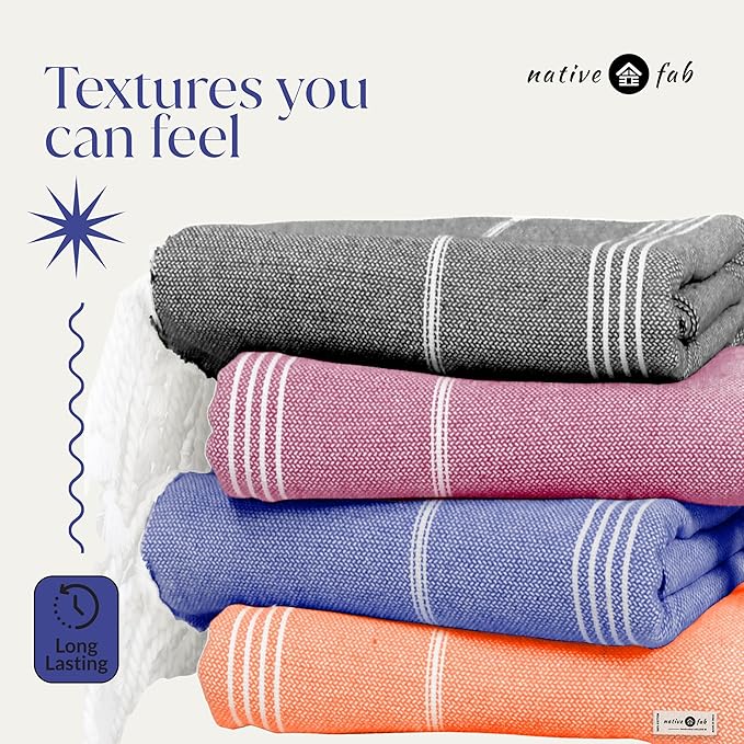 Native Fab Oversized Turkish Beach Towels 4 Pack, Fast Drying, Lightweight, Sand Free, Multipurpose Cotton for Pool, Spa, Travel, Summer - Black, Burgundy, Indigo Blue, Orange