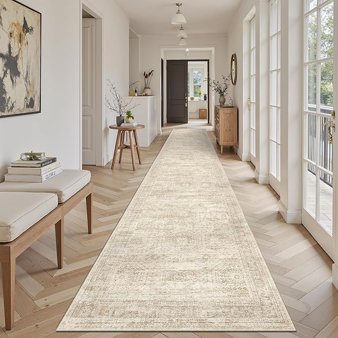 Runner Rug 2'6" x 12' Washable Non-Slip Runner Rugs for Kitchen Bathroom Laundry Room Vintage Ultra Thin Runners for Hallway Entryway Beige