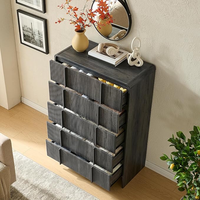 AMERLIFE Fluted 5 Drawer Dresser, 48" Tall Modern Chest of Drawers with Pine Handles, Rounded Corners & Anti-Tip Design, Wood Drawer Organizer for Bedroom, Living Room, Hallway, Black