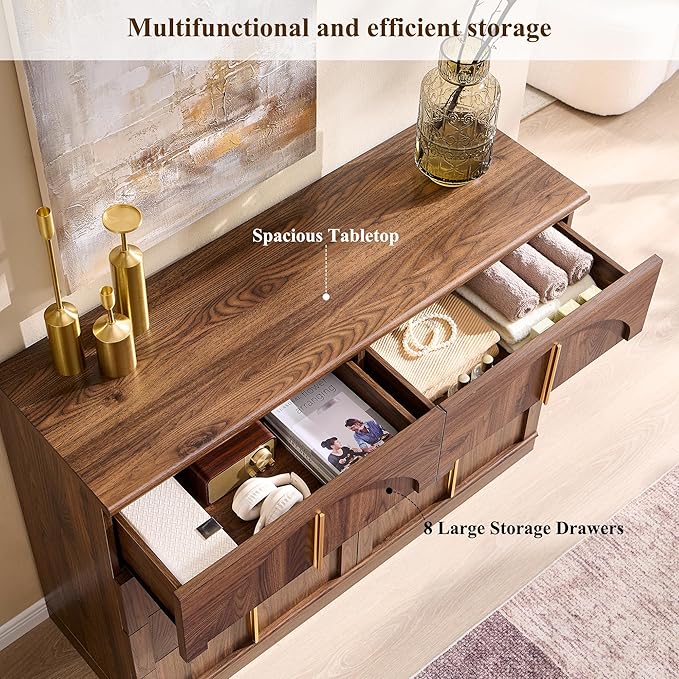 ACCOHOHO Large Dresser for Bedroom with 8 Drawers with Arched Panel,Modern Minimalist Chest of Drawers with Gold Handles,Wood Storage Closet Dressers Tv Stand for Living Room, Hallway,Brown