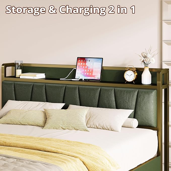LIKIMIO Queen Bed Frame with 4 Storage Drawers, Platform Bed with Charged Headboard, Sturdy and Stable, No Noise, No Box Spring Needed, Easy to Install, Dark Green