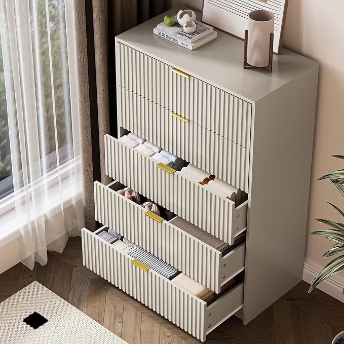 3-Piece Dresser Bedroom Set, 5 Drawer Dresser & 2 Drawer Nightstands with Gold Handles, Fluted Wood Chest of Drawers for Bedroom, Living Room, Entryway, Beige