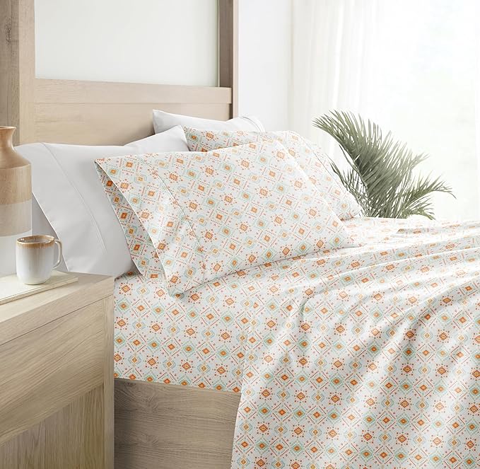 Linen Market Patterned Microfiber Queen Sheet Set 4 Piece – Oeko-TEX Certified Ultra Soft & Wrinkle-Free - 16" Deep Pocket Sheets - Easy Care Queen Size - Aztec Dreams Coral