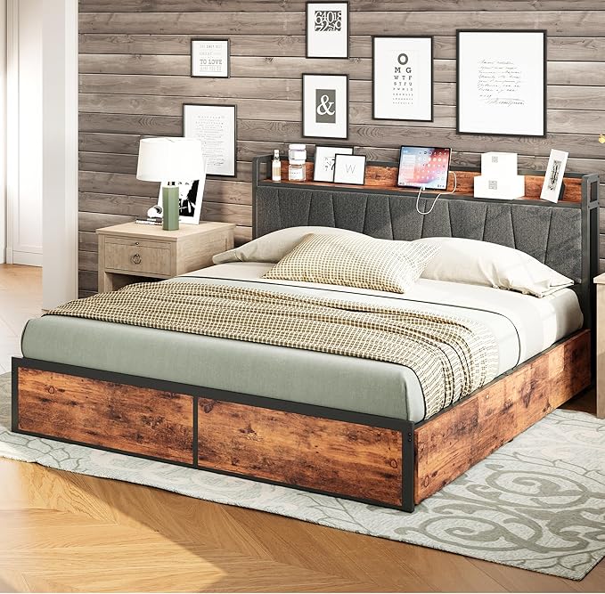 LIKIMIO King Bed Frame with 4 Storage Drawers, Platform Bed with Charged Headboard, Sturdy and Stable, No Noise, No Box Spring Needed, Easy to Install, Vintage Brown and Gray