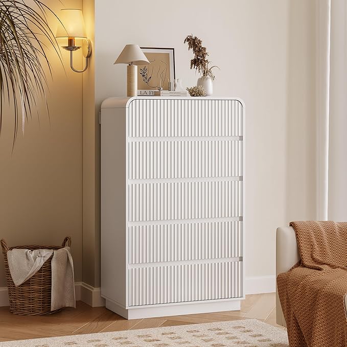 Tall Dresser for Bedroom with 5 Drawers, Fluted Chest of Drawers with Round Curved Corner, Hidden Handles, Modern Wood Storage Organizer for Bedroom, Nursery, Living Room