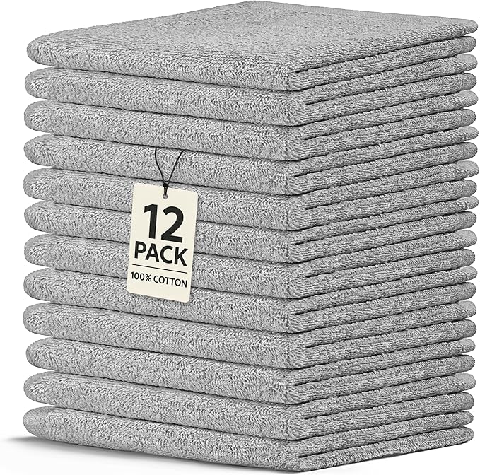 Crystal Ridge Cotton Wash Cloths 12 Pack - Washcloths for Showering, Face and Body, Soft and Highly Absorbent Multipurpose Towels for Bathroom, Kitchen, Spa and Gym - Wash Rags 12 x12 (Slate Grey)