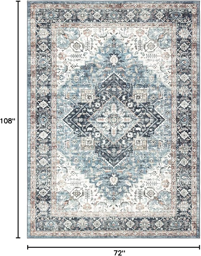 Area Rug 6×9, Large Vintage Boho Rug,Ultra-Soft Low Pile, Washable, Non Slip,Stain Resistant, Printed Carpet for Living Room Bedrooms Playroom Office Kitchen, Blue/Navy
