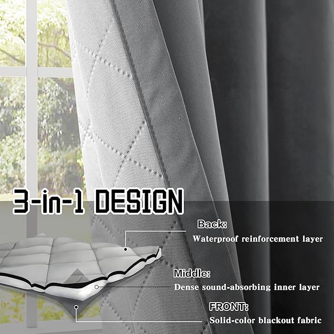 3-in-1 Layers Noise Cancelling Curtains for Bedroom Grommet Full Blackout Window Drapes Thermal Insulation Winter Curtains for Living Room (1 Panel, Grey, 50" x 84")
