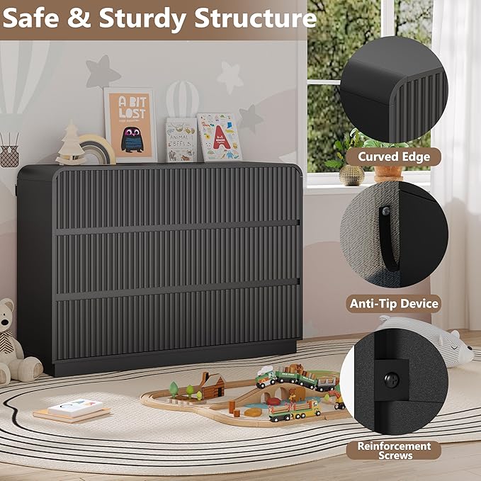 Dresser for Bedroom with 6 Drawers, Fluted Chest of Drawers with Round Curved Corner, Hidden Handles, Modern Wood Storage Organizer for Bedroom, Nursery, Living Room