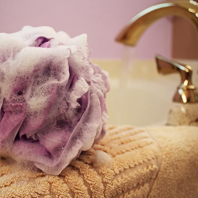 Loofah-Bath-Sponge Lace-Mesh-Set // 2-Scrubs-in-1 by Shower Bouquet/Large Full 60g Pouf (4 Pack Spa Colors) Body Luffa Loofa Loufa Puff - Exfoliate, Cleanse Skin with Luxurious Bathing Accessories