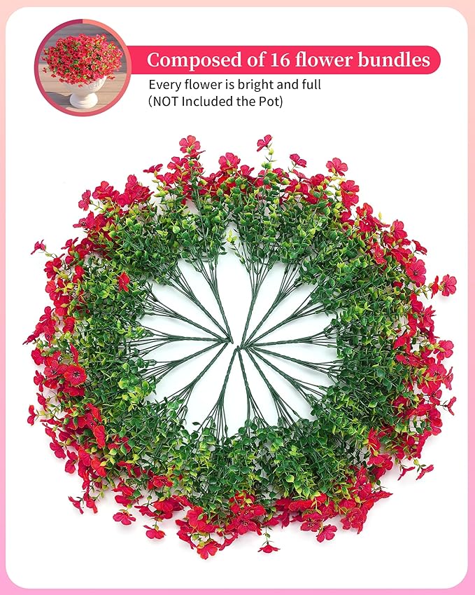 Faux Flowers for Outdoor Planters 16 Bundles UV Resistant Artificial Fake Eucalyptus Plants Outside Spring Summer Yard Decoration Realistic Silk Daisy Used for Patio,Front Porch,Garden Pots Decor