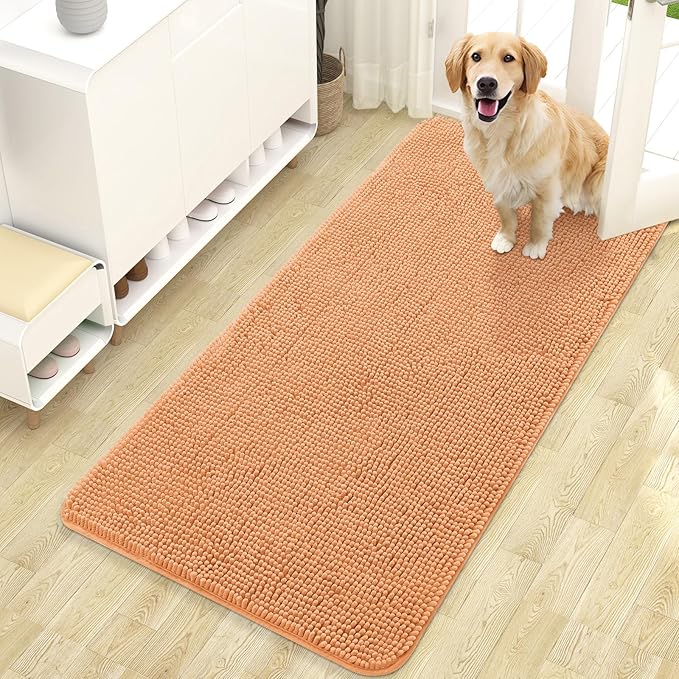 OLANLY Dog Door Mat for Muddy Paws 47x24, Absorbs Moisture and Dirt, Absorbent Non-Slip Washable Doormat, Quick Dry Chenille Mud Mat for Dogs, Entry Indoor Entryway Carpet for Inside Floor, Orange