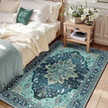 Area Rugs 3'x5' Washable Non-Slip, Floral Vintage Distress Print Pattern Medallion Carpet for Living Room Bedroom Dining Room, Teal Green Lake Blue Turquoise