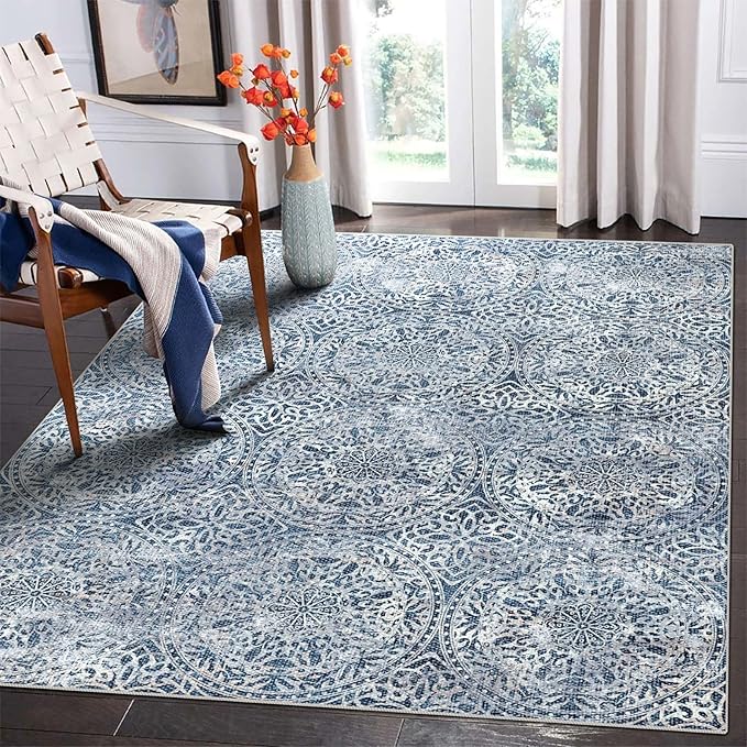 vivorug 4x6 Rug, Small Area Rug for Living Room, Bedroom, Kitchen, Machine Washable Non-Slip Throw Rug, Vintage Medallion Carpet for Entryway Nursery Coffee Table - Durable (Blue)