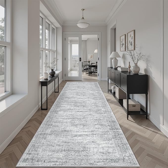 Runner Rug 2'6" x 12' Washable Non-Slip Runner Rugs for Kitchen Bathroom Laundry Room Vintage Ultra Thin Runners for Hallway Entryway Grey