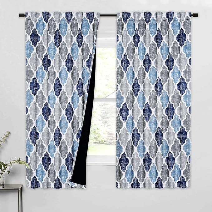 Beauoop 100% Blackout Curtains 63 Inches Long 2 Panels for Bedroom Living Room Blue Grey Moroccan Geo Room Darkening Thermal Insulated Soundproof Rod Pocket Back Tab Window Treatments Drapes, 50x63