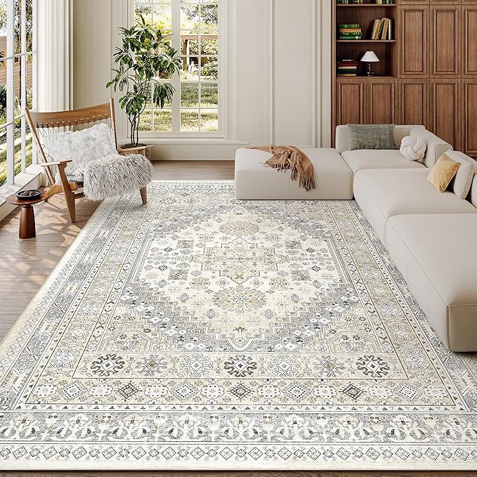 zesthome 5x7 Area Rugs - Ultra-Thin Washble Rug, Stain Resistant Anti Slip Backing Rugs for Living Room,Bedroom, Vintage Home Decor Area Rug (Beige,5'x7')