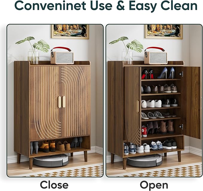 Smuxee Walnut Shoe Cabinet with Line Groove Design, 6-Tier Shoe Storage Cabinet with Adjustable Shelves, Freestanding Shoe Organizer Cabinet for Entryway, Hallway, Closet, Living Room