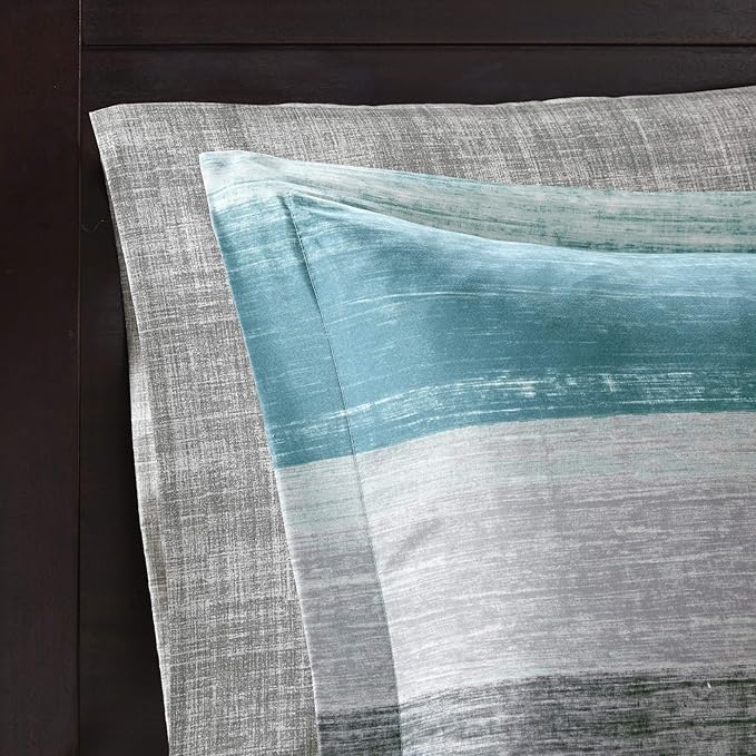 Madison Park Essentials Queen Comforter Set, Bed in a Bag Queen, Watercolor Print Coastal Comforter & Chambray Cotton Sheet Set, All Season Bedding Set, Saben, Aqua Queen (90 in x 90 in) 9 Piece
