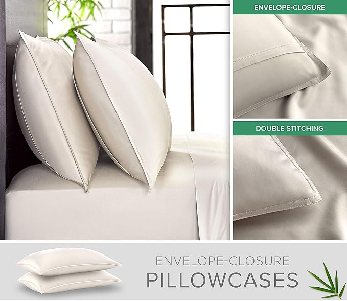 Pure Bamboo Queen Sheets, Genuine 100% Organic Viscose Derived from Bamboo Bed Sheet Set, Luxuriously Soft & Cooling, Double Stitching, 2 Year Quality Promise (Queen, Ivory)