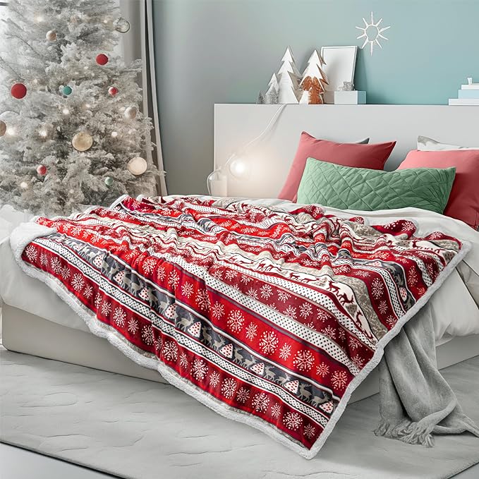 PAVILIA Christmas Sherpa Throw Blanket, Red & White Snowflake, Reindeer, Reversible Fleece & Sherpa Cozy Winter Blanket for Couch & Bed, 50x60, Christmas & Holiday Decor