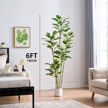 Artificial Rubber Plant 6FT Faux Plants Indoor Fake Rubber Tree with White Planter, Tall Fake Plants Potted Tree Floor Plant in Pot, Artificial Trees for Home Office Room Outdoor Decor