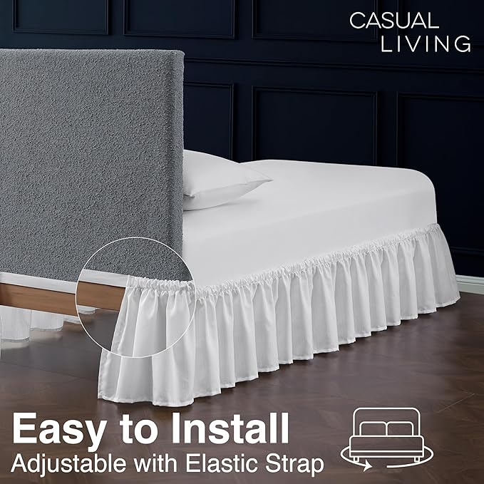 Bed Skirt Twin/Twin XL Bed Skirt Wrap Around Ruffled Box Spring Cover, Easy Install, Washable 15" Drop Elastic Dust Ruffle by Casual Living, 39-inch x 75-inch, White