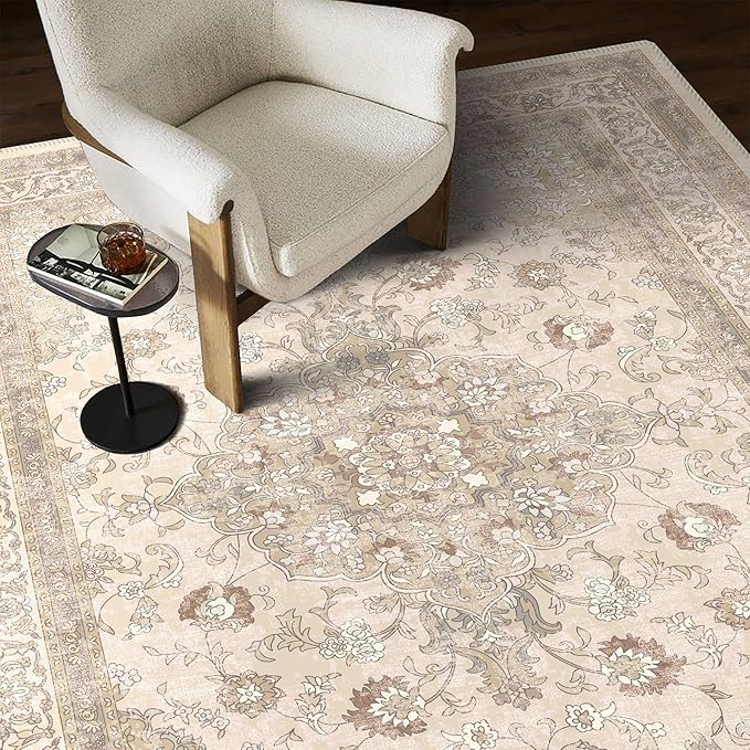vivorug 6x9 Neutral Area Rugs, Ultra-Soft Washable Rug for Living Room Dinner Room Bedroom, Non-Slip Vintage Beige Rug, Indoor Carpet Large Area Rug