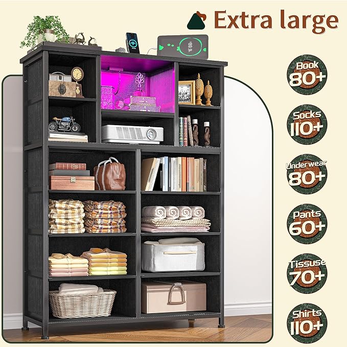 Dresser for Bedroom with 13 Fabric Drawers, Black Dresser with LED & 4 Charging Ports, 47''H Chest of Drawers with Open Storage Shelves for Hallway, Entryway