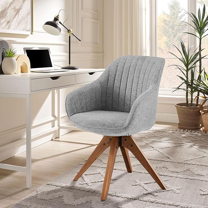 Zouron Mid Century Modern Accent Chair with Wooden Legs, Upholstered Swivel Chair No Wheels, Side Accent Armchair Vanity Chair for Small Space Home Office Living Room Bedroom, Light Grey
